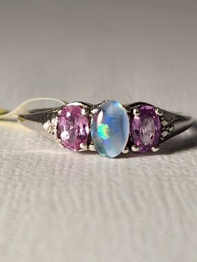 NWT Real Natural Pink & Violet Real Sapphires & Opal Trilogy 925 Ring Sz 7
